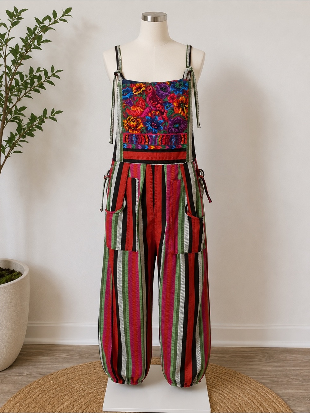 Guatemalan ikat overalls Multicolor Embroidered Striped jumpsuit- Boho Women